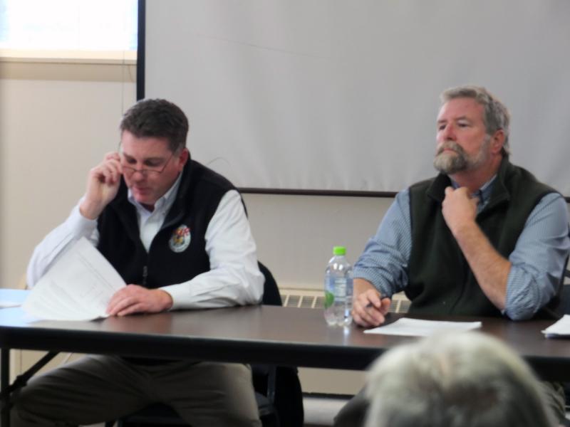 Department of Marine Resources Commissioner Patrick Keliher, left, and  Director of External Affairs Terry Stockwell led a discussion with shrimp fishermen and scientists during a special meeting in Hallowell Monday, Nov. 26.