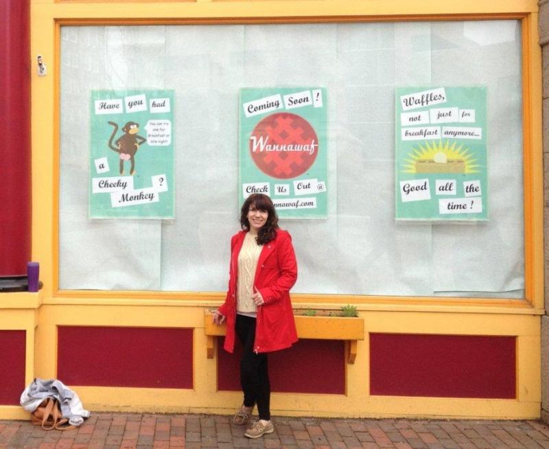 Anya "Waffle Girl" Arsenault outside her new location at Monument Square in Portland. Wannawaf II opens on Friday, June 28. Courtesy of Anya Arsenault. Below: Arsenault as her alter ego. LISA KRISTOFF/Boothbay Register Anya "Waffle Girl" Arsenault outside her new location at Monument Square in Portland. Wannawaf II opens on Friday, June 28. Courtesy of Anya Arsenault