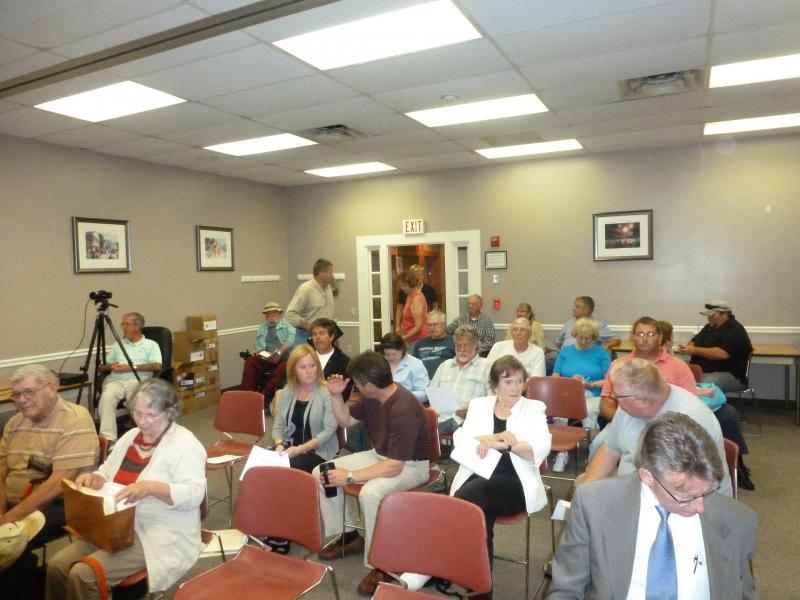 A packed town office at the beginning of the selectmen’s meeting on August 12. KATRINA CLARK/Boothbay Register