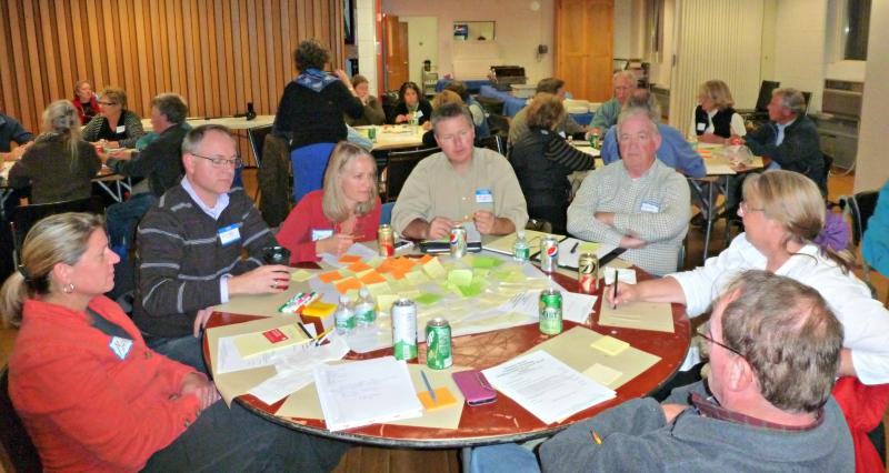 Small groups discussed what was most important to them, and why they came to the region. From left are Mary Baudo, Rob Dietz, Danielle Betts, Michael Tomko, John Hochstein, Nicia Gruener and Bill Gruener. KATRINA CLARK/Boothbay Register