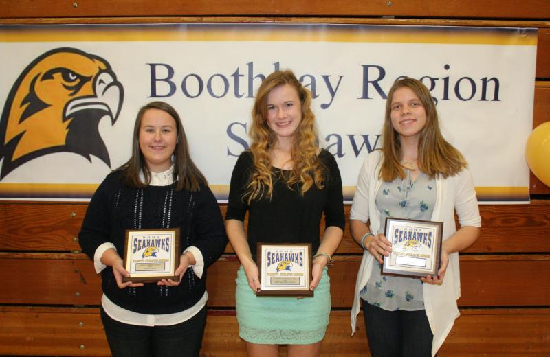 Girls soccer plaque winners, from left, Evy Greenleaf, Coaches Award; Sinead Miller, Most Valuable; and Lisa Pawlowski, Most Improved. KEVIN BURNHAM/Boothbay Register Girls soccer plaque winners, from left, Evy Greenleaf, Coaches Award; Sinead Miller, Most Valuable; and Lisa Pawlowski, Most Improved. KEVIN BURNHAM/Boothbay Register