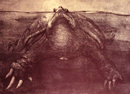 "Noli me tangere," etching of snapping turtlewith aquatint printed on Twinrocker paper, by R. Keith Rendall.