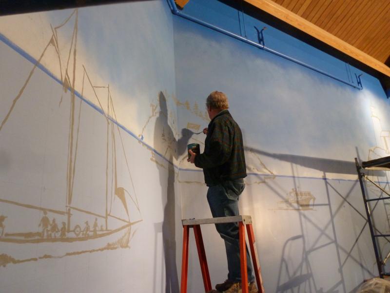 Bob McKay recreates Boothbay's coastline on the walls of the Maine State Aquarium the week of Jan. 12, 2014. Robert B. McKay