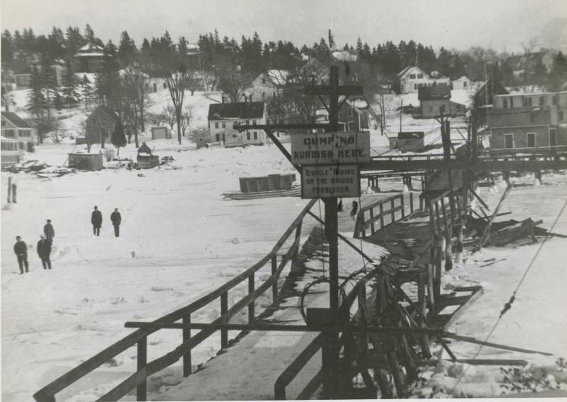 Ice damages the footbridge in 1918. Photo courtesy of the Boothbay Region Historical Society.