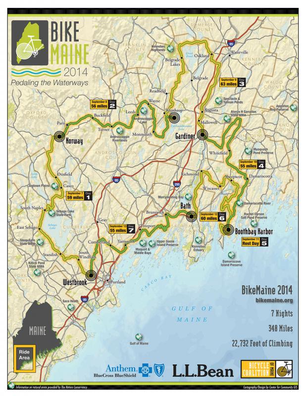 BikeMaine 2014 ride route. Starting in Westbrook, cyclists will travel to Norway, Winthrop, Gardiner, Boothbay Harbor and Bath and return to Westbrook. Courtesy of Bike Maine Map of BikeMaine 2014