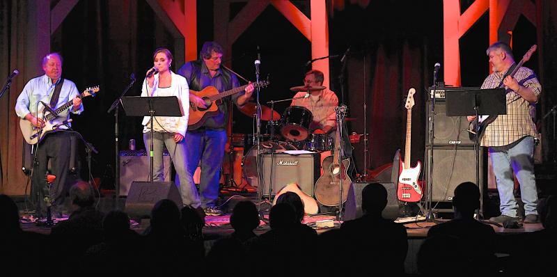 Among the dozen or so local musicians performing at the seventh annual Hootenanny on March 8 from left to right are Garry Blackman, Amanda Cressey Andrews, Tim Sprague, Dick Spofford (Boothbay's Fire Chief) on drums and Paul Martin (former member of the Wild Horse Band with Blackman) from Auburn. Robert Mitchell photo