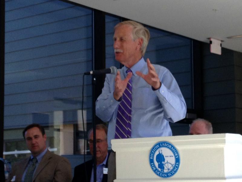 Sen. Angus King gets a laugh from the audience when he says the origin of the word politician is poly, meaning many, and ticks, meaning tiny blood-sucking insects. KATRINA CLARK/Boothbay Register