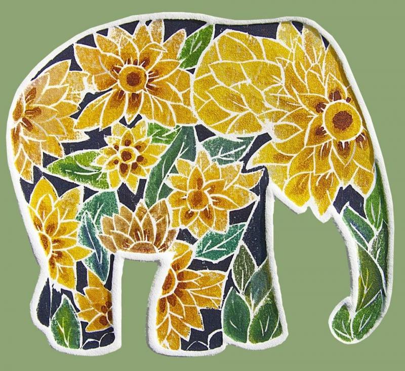 Lek Saruta's whiteline woodblock "Sunflower Elephant." Lek Saruta's Sunflower Elephant