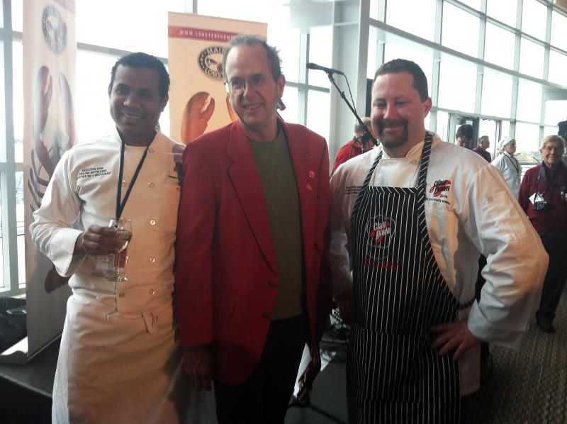 Dwayne Whitelocke, left, who took home the Judges’ Choice Award at the annual Claw Down in Boothbay Harbor, was a huge favorite at Friday’s event. Pictured with him are former Lobster Chef of the Year winner and host of this year’s event Kerry Altiero, from Café Miranda in Rockland, and Steve Richards. SUZI THAYER/Boothbay Register