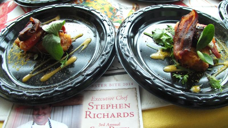 Chef Steve Richards’ winning dish was a lobster, chestnut and mascarpone deep fried polenta topped with a 24-hour cold smoked lobster claw, fig gastrique and crispy fried pancetta, drizzled with lobster demi glaze and dusted with pumpkin powder and volcanic rock salt. SUZI THAYER/Boothbay Register