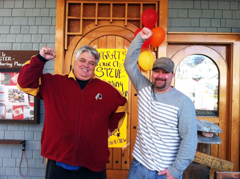 Ralph Smith, left, and Steve Richards stand in front of The World is Mine Oyster the morning after Richards won the Maine Lobster Chef of the Year award at Portland’s Harvest on the Harbor festival on Friday, Oct. 24. SUZI THAYER/Boothbay Register