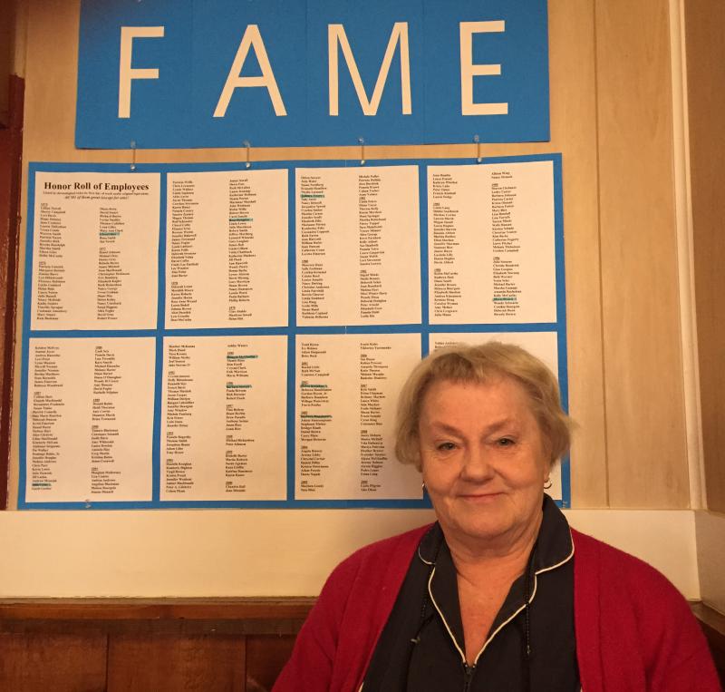 Cheryl Rice has worked at the Ebb Tide since 1976. She is near the top of the list of the “Honor Roll of Employees,” posted on a wall at the restaurant. SUZI THAYER/Boothbay Register
