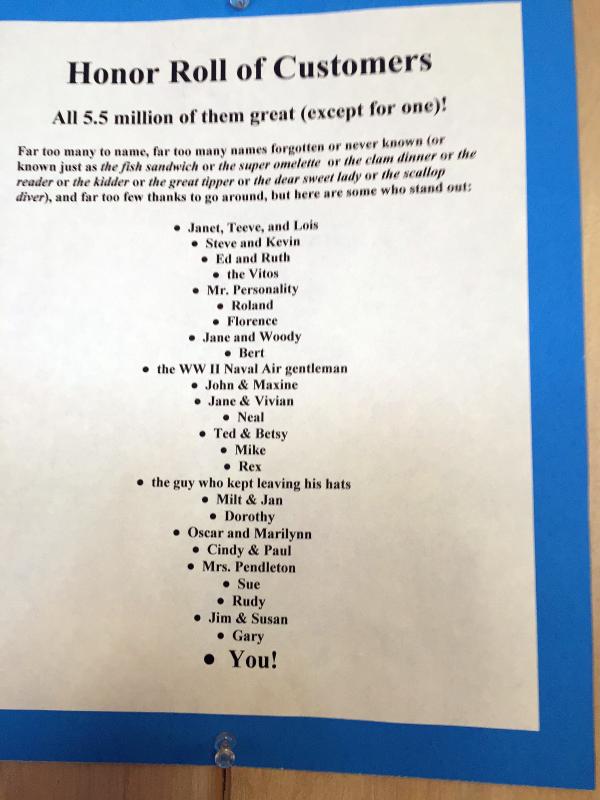 An “Honor Roll of Customers” is posted on a wall in Ebb Tide. It states, “All 5 million of them are great (except for one!). Only a few standouts are listed here. SUZI THAYER/Boothbay Register