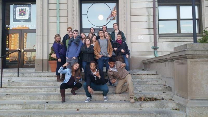 Students having fun on the steps at Wentworth Institute of Technology in Boston. Front row, left to right: Saida Riddell, Chris Groneng and Karl Alamo; second row: Nick Gorey, Meghan Oakes and Gabe Purin; back row: Brenna Alley, Dominick Thompson, Ellie Demmons, Lisa Pawlowski, Maya Schwehm, Collin Thompson, Mackenzie Colby, Josiah Purin (freshman at Wentworth), Angela Machon, Anna Baumm, Quinton Perkins and Erica Eames. Courtesy of Kerrin Erhard