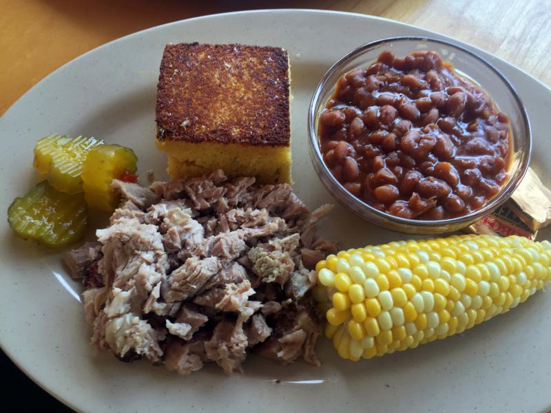 Pulled pork with corn on the cob, house baked beans and fresh baked cornbread is on the menu at Cod’s Head. SUZI THAYER/Boothbay Register