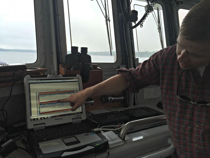The echogram sonar display in the navigation cabin, showing what’s underneath the water below the ship. KATRINA CLARK/Boothbay Register