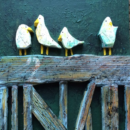 “Mending Fences series 2,” a 14 by 14-inch mixed media piece by Alan Braley. Courtesy of Lynne Seitzer Alan Braley