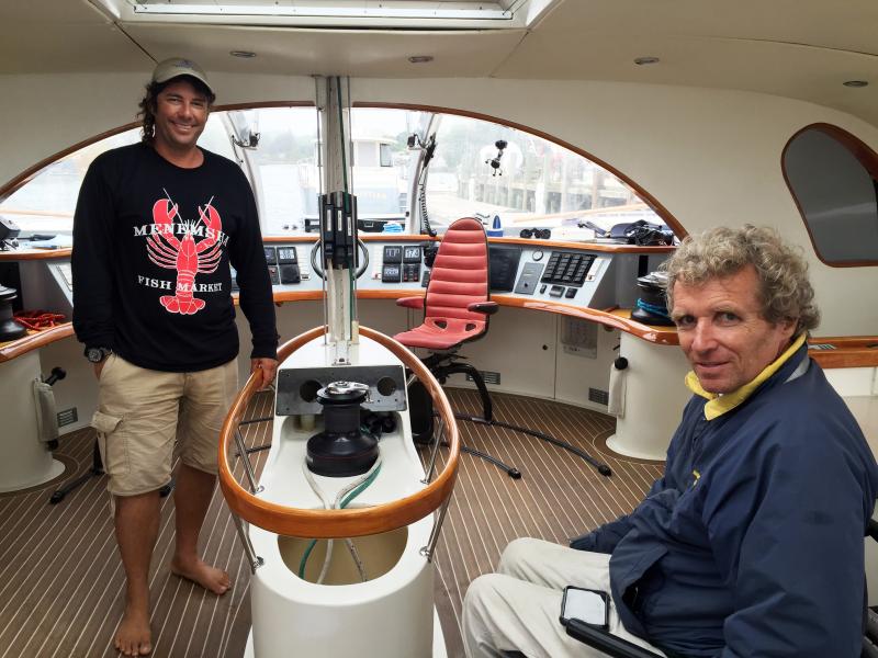 Captain Will Rey and Harry Horgan in the main cabin of the 60-foot catamaran, the Impossible Dream. SUZI THAYER/Boothbay Register