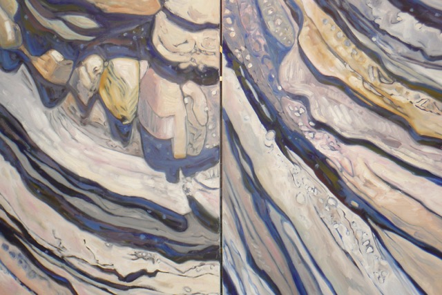 “Periwinkle Ledge,” a 36 by 56-inch diptych in oil by John M. T. Seitzer, is one of the featured works this month at Studio 53. Seitzer shares the spotlight with Alan Braley at the Boothbay Harbor gallery. Courtesy of Lynne Seitzer John M.T. Seitzer