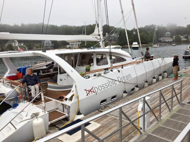 The Impossible Dream, a 60-foot catamaran built to be universally accessible to people with disabilities, was tied up at Hodgdon Yacht Services on a recent weekend in August. SUZI THAYER/Boothbay Register