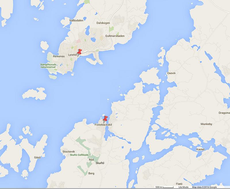 A map showing the locations of the two towns Tim Simmons stayed in during his trip to Sweden, Fiskebäckskil and Lysekil.