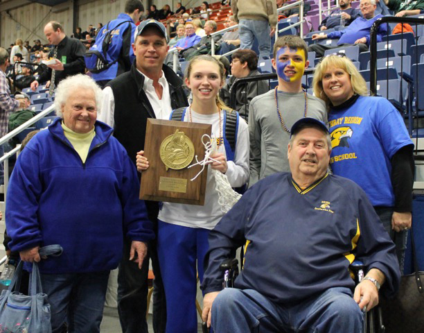 The Morley/Brewer gang at the Class C South regional final game at the Civic Center on Feb. 20. From left: Mary Brewer, Andrew, Hannah, Nicholas and Sarah Morley, and Butch Brewer, on wheels. Morley, Courtesy of Sarah Morley