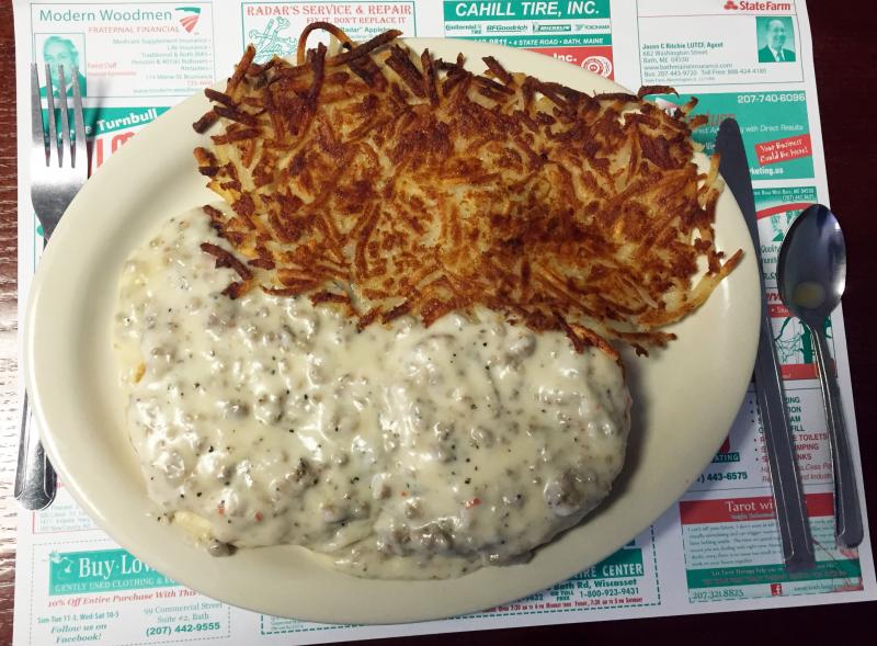 Sausage gravy and biscuit, with a side of hashbrowns, at Miss Wiscasset Diner. SUZI THAYER/Boothbay Register