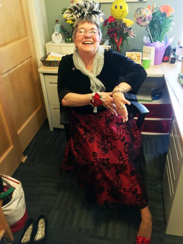 Mary Pinkham was dressed to the hilt in a sparkly red-sequined outfit, red high heels and a black and white fascinator. “Goodwill and the thrift shop made this all possible,” she said. SUZI THAYER/Boothbay Register