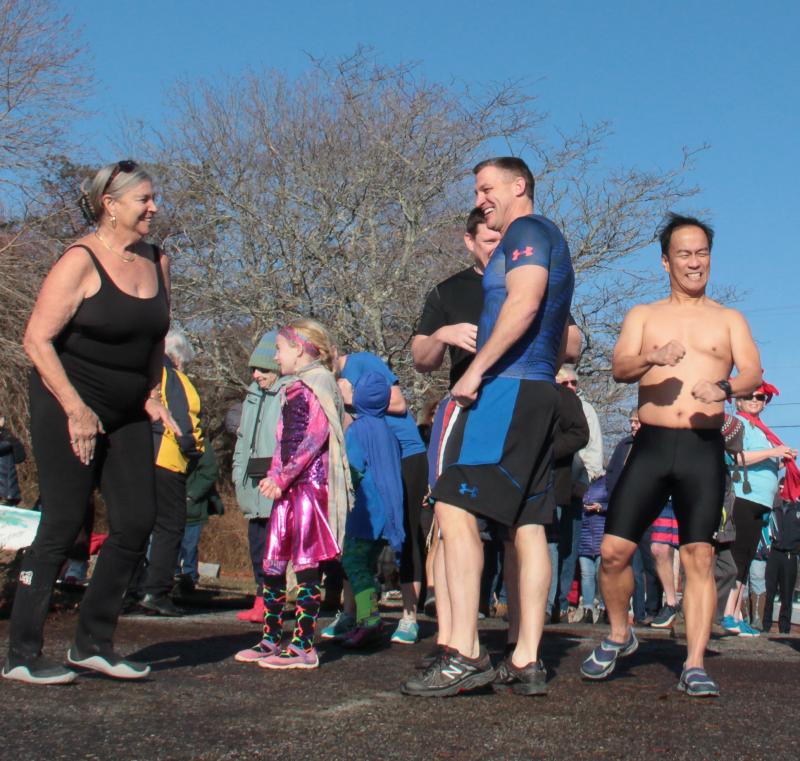 Penguins warm up for the plunge. DIANE DORBIN/Boothbay Register Penguin Plunge
