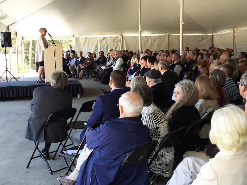 Louise Bowditch, vice chair of the board of trustees of Bigelow Laboratory for Ocean Sciences, welcomes visitors at the dedication of the new Graham Shimmield Residence Hall. SUZI THAYER/Boothbay Register