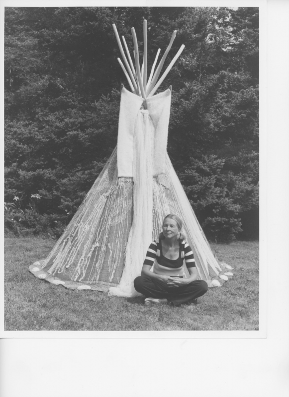 “Tipi Waterfall” Nancy Hemenway Barton in her yard at Birdsong her studio at Barton family home on Dogfish Head, Southport from 1985 to 1995. Courtesy of the Barton family Nancy Hemenway Barton