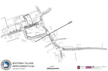 A preliminary concept drawing of the Boothbay village common improvement plan is on display at the Boothbay Town Office. Courtesy of Jim Chaousis and Knickerbocker Group A preliminary concept drawing of the Boothbay village common improvement plan is on display at the Boothbay Town Office. Courtesy of Jim Chaousis and Knickerbocker Group