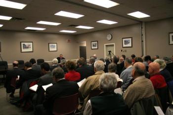 The DHHS public hearing on the creation of Lincoln County Healthcare and merger of St. Andrews and Miles Memorial Hospitals drew a full house at the Boothbay Harbor town office on December 19. SUE MELLO/Boothbay Register photo of DHHS public hearing