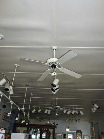 A “rippled” effect can be seen on the ceiling of A Silver Lining from the water damage. The fans were taken apart for safety, as water came pouring out of them during the flood. KATRINA CLARK/Boothbay Register