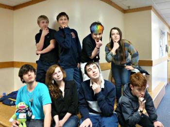 Members of the Boothbay Region Student Health Advisory Board doing what they call “The Quinn Look.” Top row, left to right: freshman Draco Peaslee, freshman Zack Blackman, freshman Kenny Hicks and eighth grader Lil Sherburne. Bottom row, left to right: Senior Quinn Pickett (the namesake of the pose), freshman Tori Rackliff, freshman Jacob Bishop and freshman Noah Sherburne. KATRINA CLARK/Boothbay Register