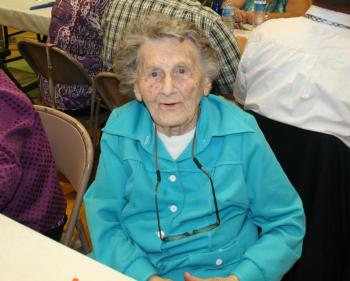 Lucille Machon, 97, waits for the Alumni Banquet to begin. She was the oldest alumni in attendance. KEVIN BURNHAM/Boothbay Register