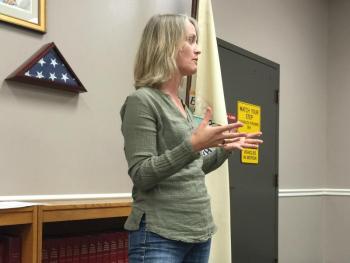 Civil Engineer Danielle Betts of Knickerbocker Group presents two ideas for a redesign of the former tennis court area to the town selectmen June 8. Both ideas include basketball courts and more green space. KATRINA CLARK/Boothbay Register