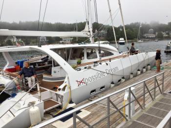 The Impossible Dream, a 60-foot catamaran built to be universally accessible to people with disabilities, was tied up at Hodgdon Yacht Services on a recent weekend in August. SUZI THAYER/Boothbay Register