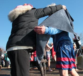 Support staff is essential. DIANE DORBIN/Boothbay Register Penguin Plunge