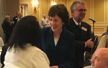 Sen. Susan Collins, R-Maine, greets business owners and the public at the Oct. 13, 2017 breakfast gathering of the Penobscot Bay Regional Chamber of Commerce at the Samoset Resort, in Rockport. (Photo by Jenna Lookner)
