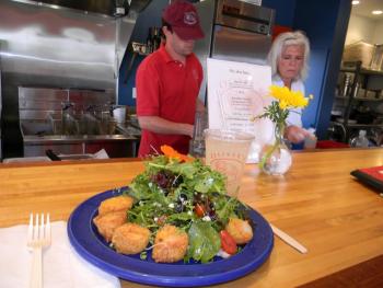 DIANE RANDLETT / Boothbay Register mesclun salad with scallops Oliver's Cozy Harbor wharf