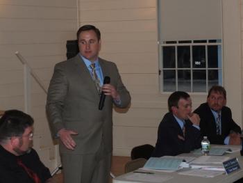 Town Manager Jim Chaousis welcomes everyone to the Boothbay town meeting. RYAN LEIGHTON/Boothbay Register