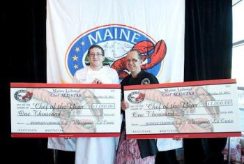 People's Choice award for Maine Lobster Chef of the Year Mackenzie Arrington, left, and Judges' pick for Maine Lobster Chef of the Year Kerry Altiero at the Harvest on the Harbor event in Portland. The event is sponsored by the Maine Lobster Promotion Council. Arrington is the son of Margaret Salt McLellan of Boothbay and Noel Arrington also of Boothbay. Courtesy of Ted Axelrod