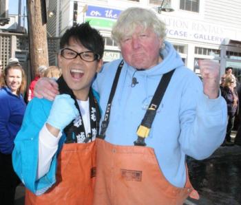 Daisuke Miyagawa and East Boothbay's Rusty Court, the Japanese TV star's guide to Fishermen's Festival. KEVIN BURNHAM/Boothbay Register