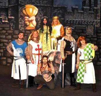 Members of the cast of Monty Python's “Spamalot” at the Boothbay Playhouse. Top row, from left: The Lady of the Lake (Emily Moore) and King Arthur (John Adams). Second row: Sir Bedevere (Cole Domeyer), Galahad (Joel Biron), Patsy (Nick Mirabile), Lancelot (Nicholas Carroll) and Sir Robin (Robo Bishop). Courtesy of Susan Domeyer