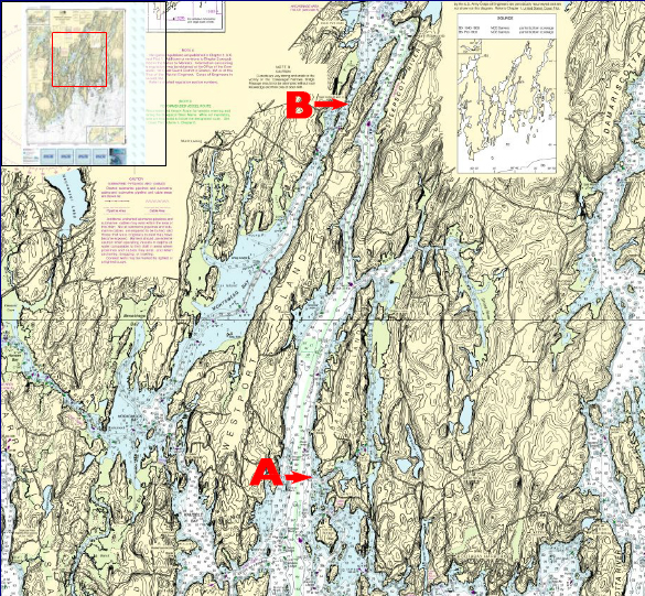 A map indicating buoy 18's original location ("A"), and its position now ("B"). westport island, westport island bridge, buoy, buoy 18, barter's island