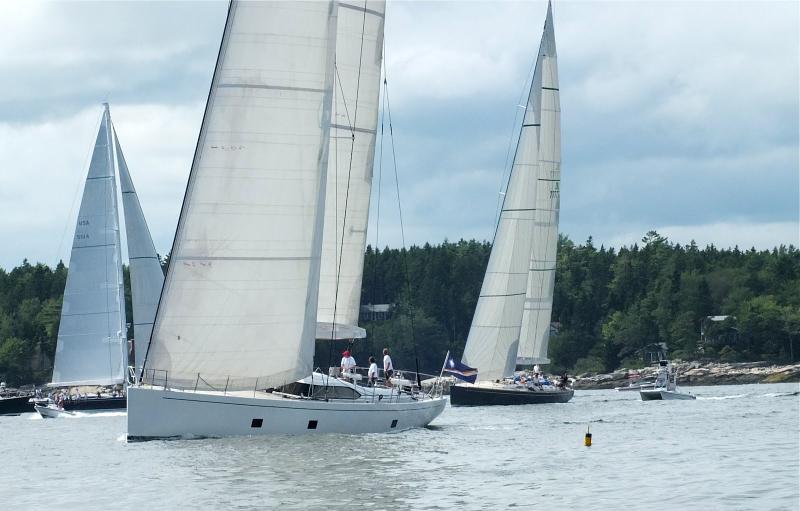 'Rapture,' front, which finished second in the Shipyard Cup, maneuvers around 'Virago,' left, and 'Whisper' during Saturday's race. 'Sheherazade,' below, the Hodgdon Yachts-built racing yacht, was the overall winner in the 2012 Shipyard Cup August 11-12. JOHN EDWARDS/Boothbay Register 'Rapture,' front, which finished second in the Shipyard Cup, maneuvers around Virago, left, and Whisper during Saturday's race. JOHN EDWARDS/Boothbay Register