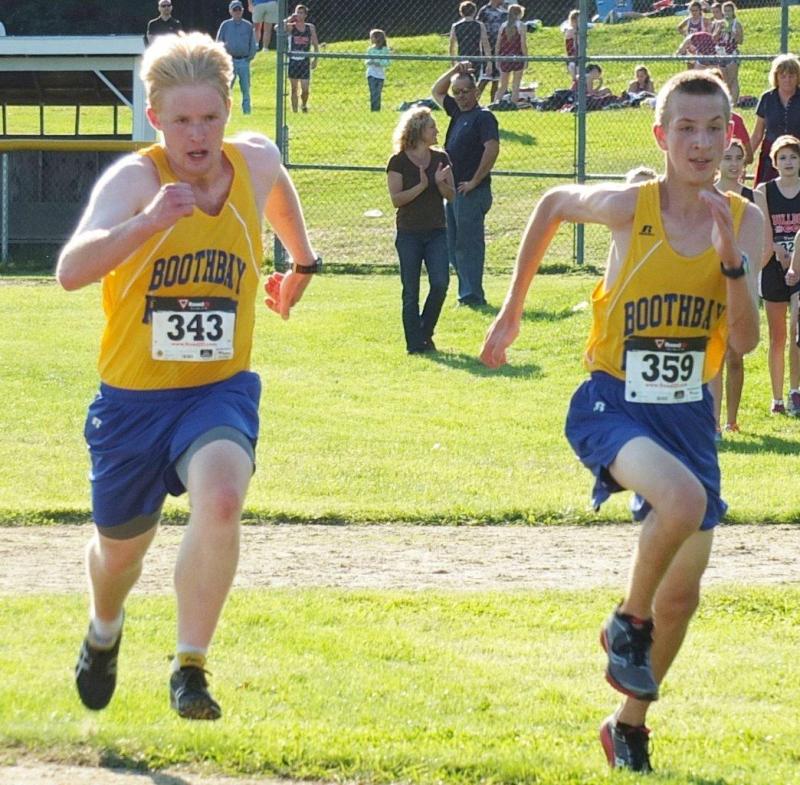 Brady Duncan and David Machon sprint toward the finish line. The boys team earned third place out of five MVC teams at the September 12 meet hosted by Boothbay Region High School. RYAN LEIGHTON/Boothbay Register Brady Duncan and David Machon sprint toward the finish line. The boys team earned third place out of five MVC teams at the September 12 meet hosted by Boothbay Region High School. RYAN LEIGHTON/Boothbay Register