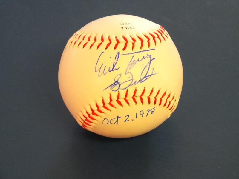 This baseball autographed by Mike Torrez and Bucky Dent is one of the many items up for bid at the Boothbay Classic Charities Sports Auction and Lobster Bake at the Boothbay Railway Museum, Friday, Sept. 21. RYAN LEIGHTON/Boothbay Register. Below, Brenda Blackman presents a check to Special Olympics Maine at the Boothbay Charities Classic Open in 2008. Courtesy of the Boothbay Charities Classic committee This baseball autographed by Mike Torrez and Bucky Dent is one of the many items up for bid at the Boothbay Classic Charities Sports Auction and Lobster Bake at the Boothbay Railway Museum, Friday, Sept. 21. RYAN LEIGHTON/Boothbay Register