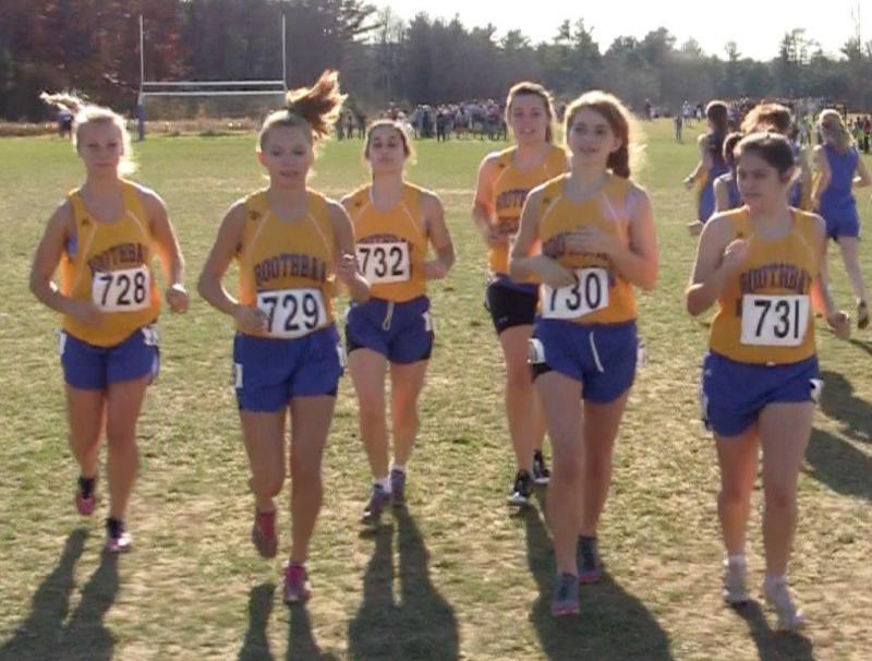 Lady Seahawks Morgan Crocker, Hannah Morley, Sophia Thayer, Allison Crocker, Maya Schwehm, and Genevieve Taylor are introduced at the start of the State Championship meet in Belfast on October 27. Below, Alex Owen runs the last race of his cross-country career at BRHS. Owen met his goal for this season, to break 18:00 minutes in a 3.1 mile course. He ran the race 17:56. RYAN LEIGHTON/Boothbay Register Lady Seahawks Morgan Crocker, Hannah Morley, Sophia Thayer, Allison Crocker, Maya Schwehm, and Genevieve Taylor are introduced at the start of the State Championship meet in Belfast on October 27.